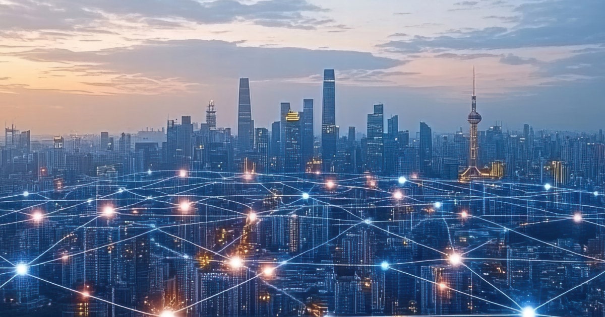 City skyline at dusk with a digital network overlay.
