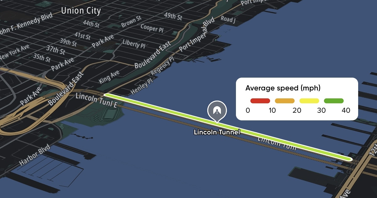 3D map showing the Lincoln Tunnel route across the river between Union City and Manhattan, color-coded for average speed (0–40 mph).