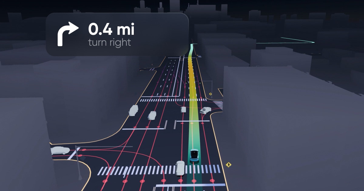 Digital navigation map showing a car's path through city streets, with a prompt to turn right in 0.4 miles.