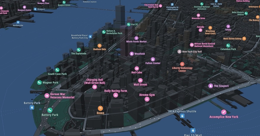 A 3D map view of New York with highlighted points of interest