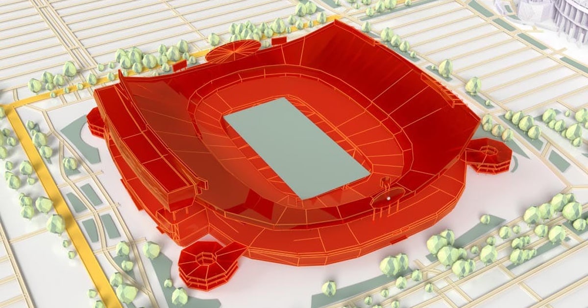 3D model of a stadium surrounded by grid-like streets and greenery, with a clear roof and nearby circular building