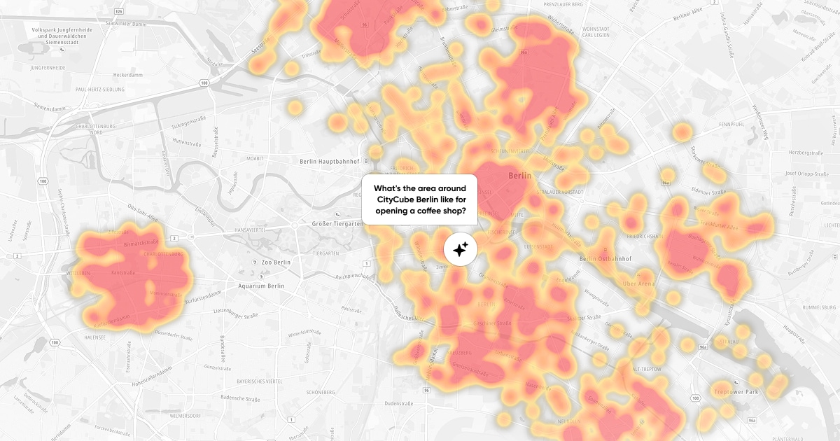 Map of Berlin with a heatmap overlay indicating areas of interest for opening a coffee shop, focusing on the CityCube area.