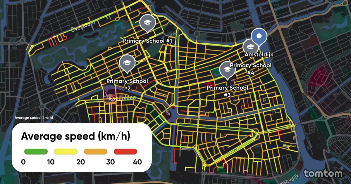 Map showing average speed in km/h with color-coded streets and locations of four primary schools in a city area.