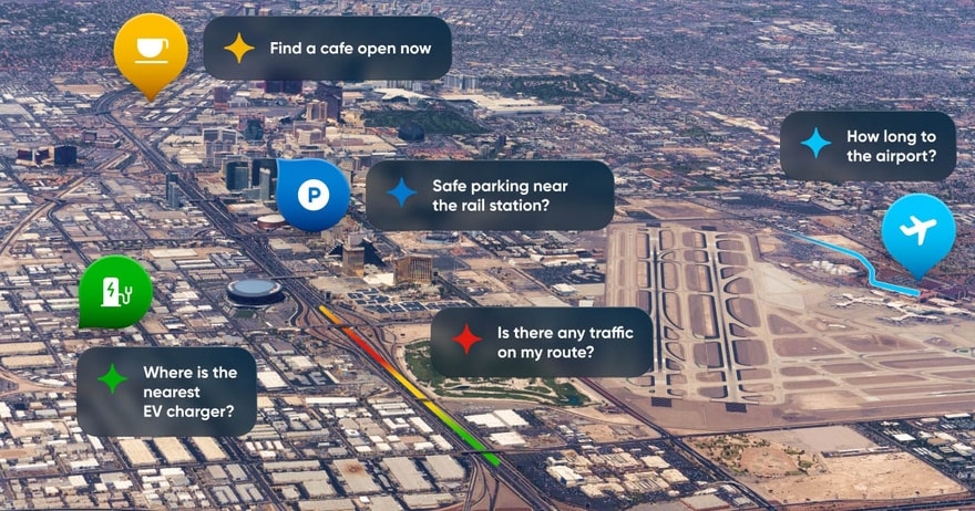 Aerial view of a city with icons for finding cafes, parking, EV chargers, traffic routes, and directions to the airport.