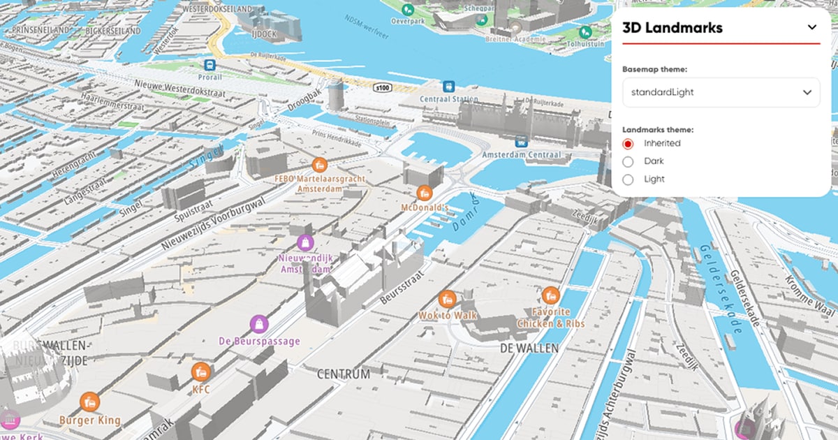 3D map of Amsterdam Centrum, showing landmarks like Amsterdam Centraal, with food outlets highlighted and a 3D landmark theme selector.