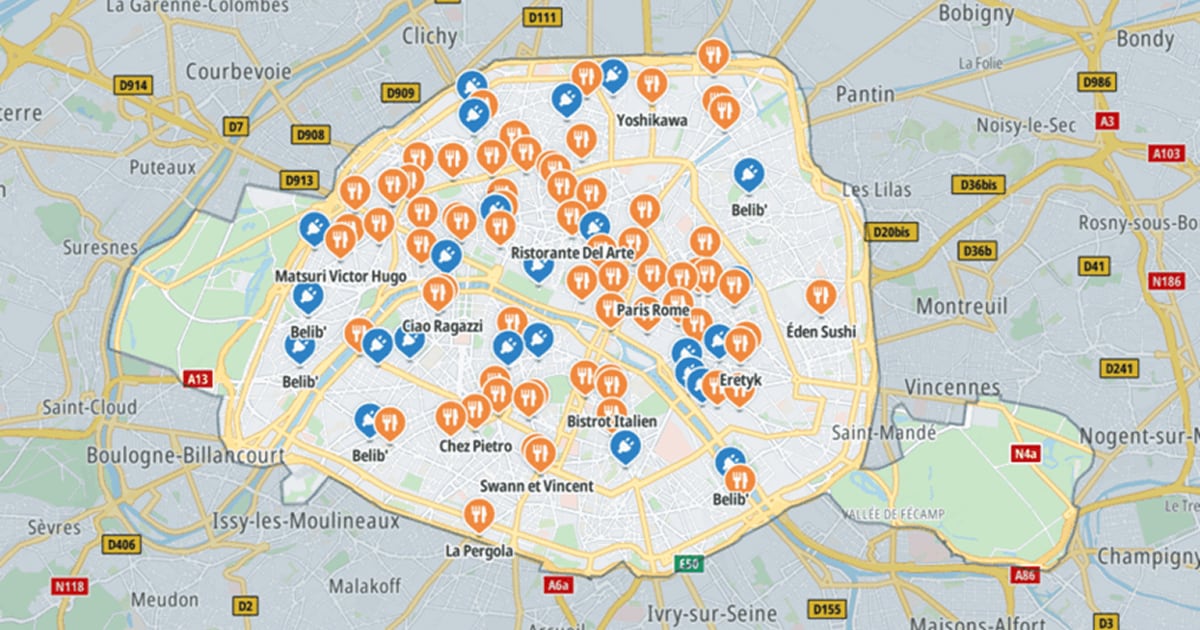 Map of Paris highlighting restaurants with orange icons and electric charging stations with blue icons distributed across the city.