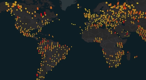 Map showing global data points with varying colors indicating intensity or density, concentrated in the Americas, Europe, and parts of Asia and Africa.