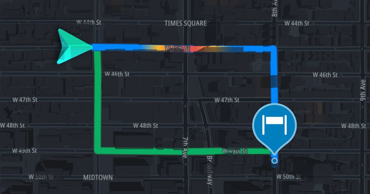 Dark Midtown Manhattan map showing a rectangular blue-green route from a teal arrow at W44th St to a hotel pin near W49th St/7th Ave.