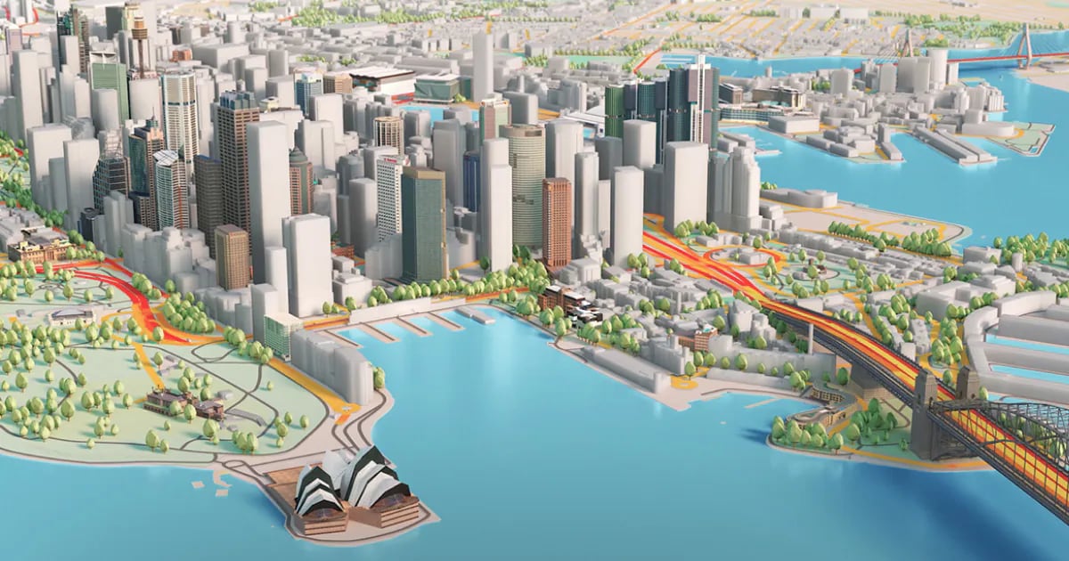 Illustrated cityscape featuring a harbor, iconic opera house, skyscrapers, bridges, and lush green parks under a clear blue sky.