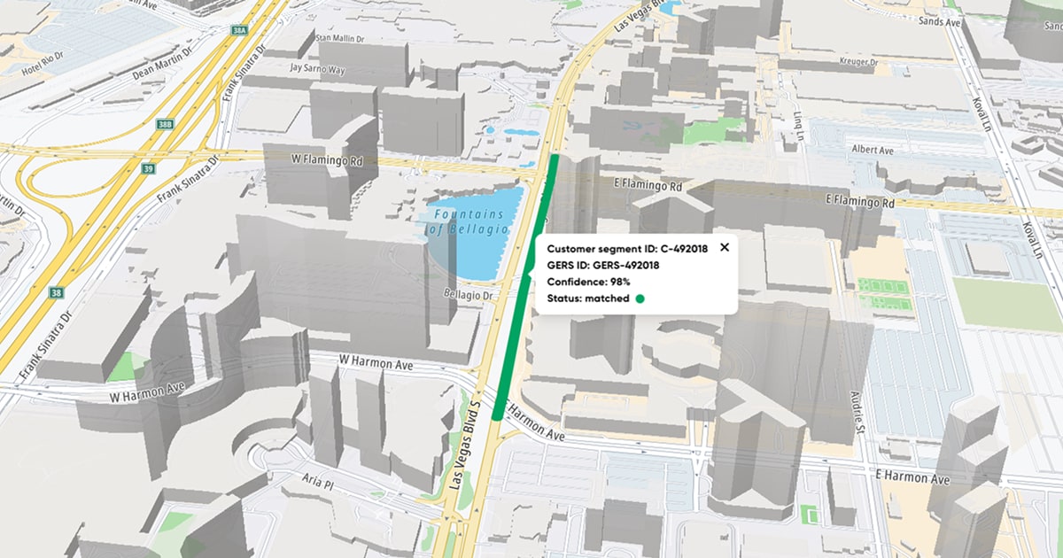 3D map view of Las Vegas Boulevard with highlighted path and data overlay showing customer segment ID, confidence level, and status matched.