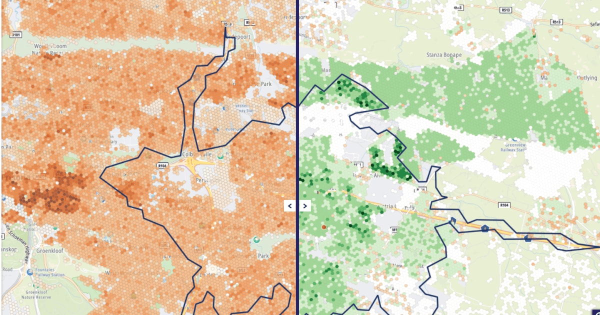 A split map showing two regions: left in orange and right in green, with roads and place names marked, divided by a blue line.