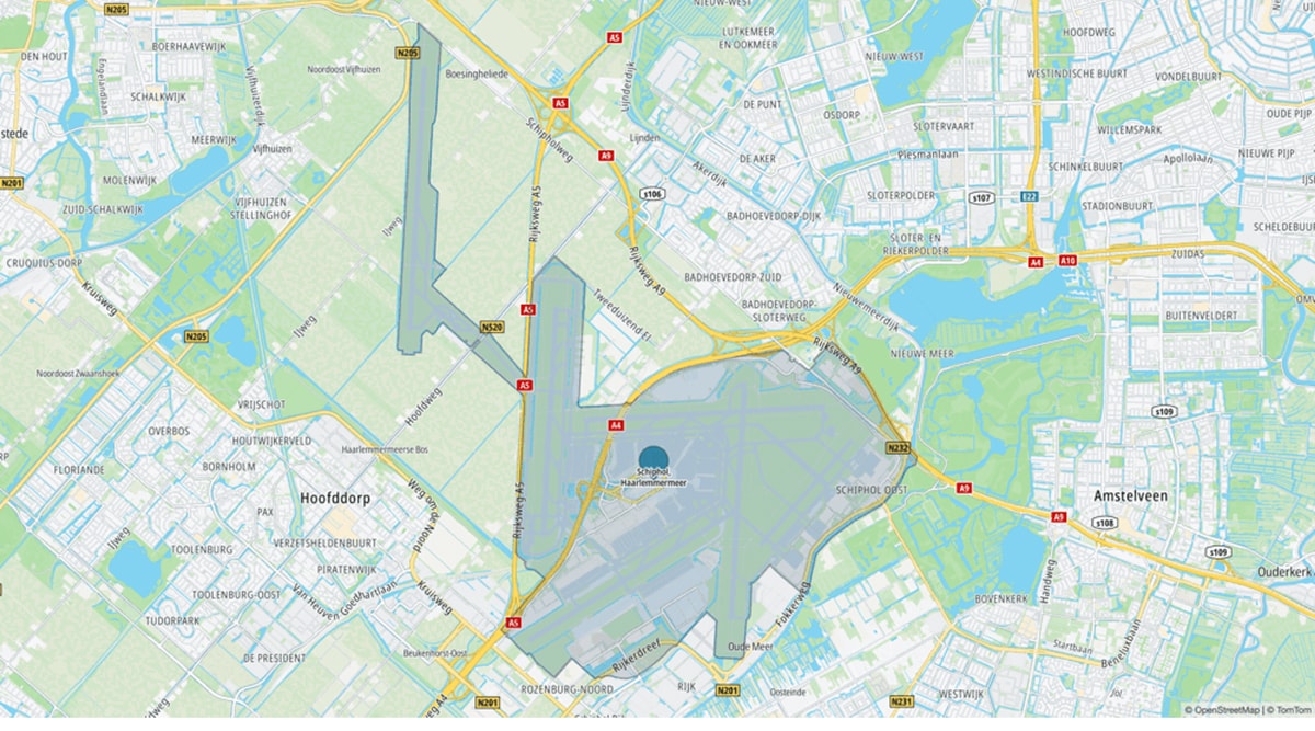 Map showing Amsterdam Schiphol Airport and surrounding areas, including roads, canals, and nearby towns like Hoofddorp and Amstelveen.