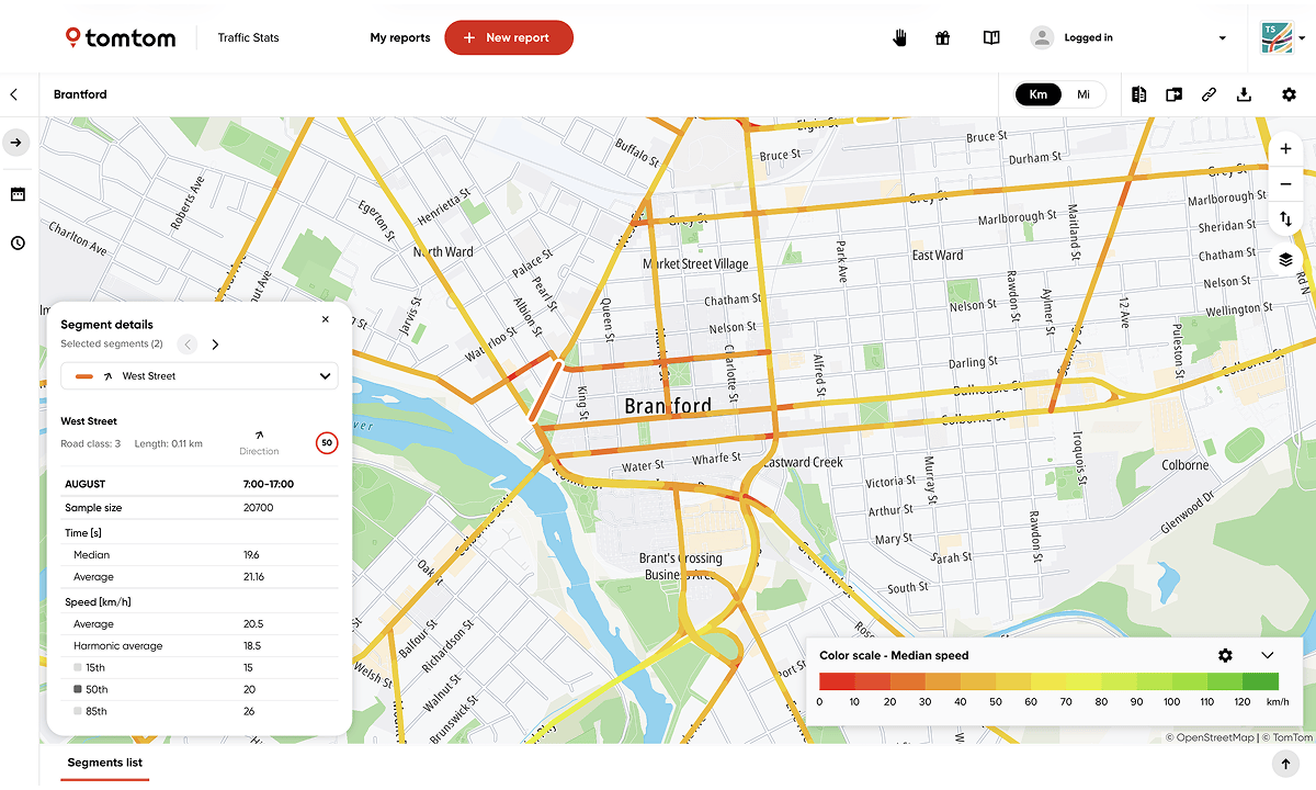 Map of Brantford showing streets with color-coded traffic speeds. A sidebar displays details for West Street, including speed and congestion data.