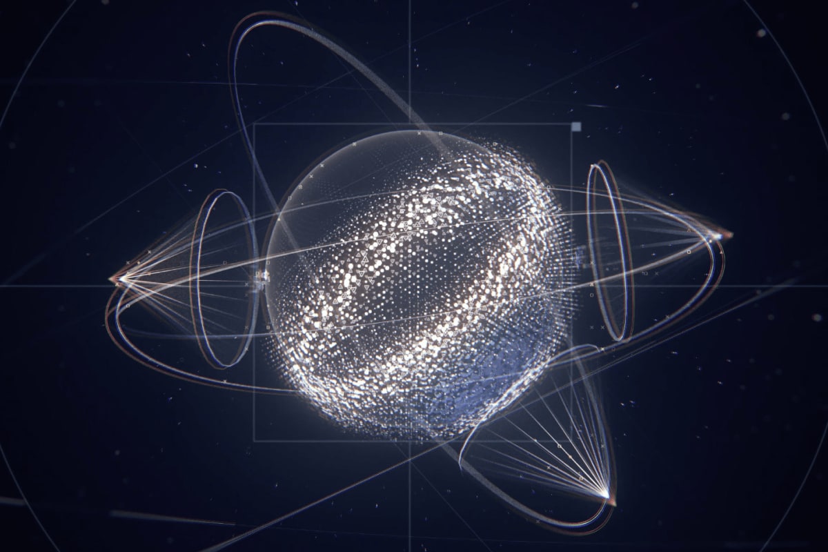 A glowing sphere composed of white dots with intricate orbiting lines and geometric shapes on a dark background, resembling a digital planet.