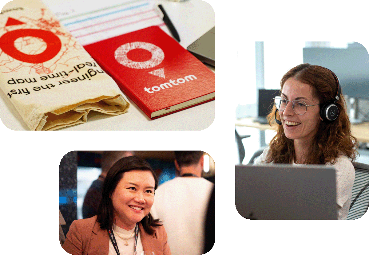 Collage showing a red TomTom notebook, two smiling women: one at a desk with headphones, another sitting, suggesting a professional setting.
