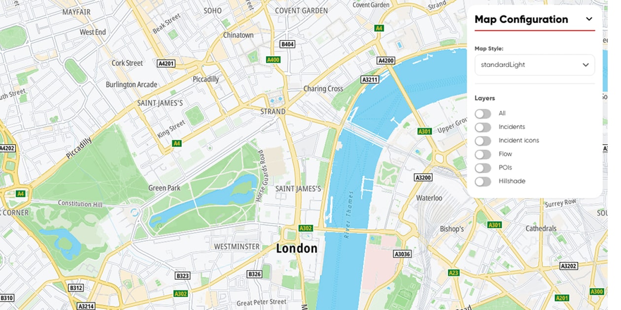 Map of central London highlighting areas like Westminster and Covent Garden, with the River Thames. A map configuration panel is visible.