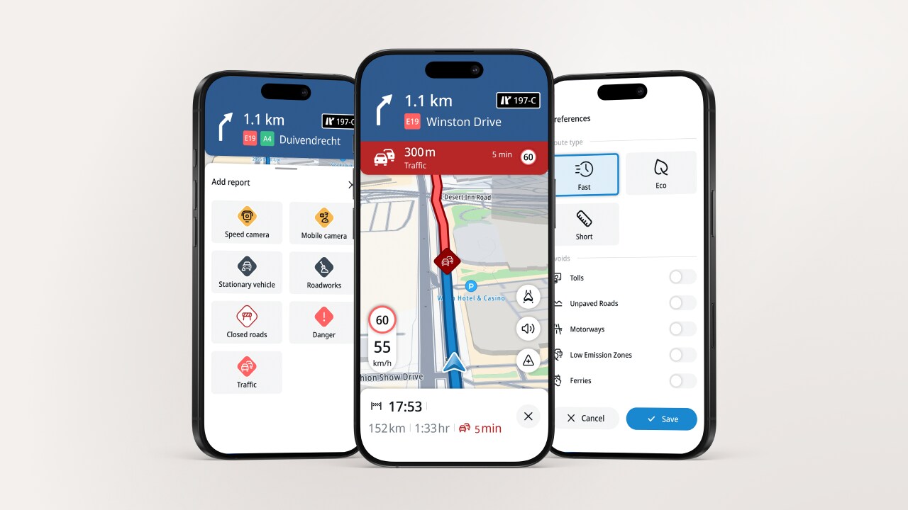 Three smartphones display a navigation app with maps, traffic alerts, and settings, showing a route with traffic conditions and speed limits.