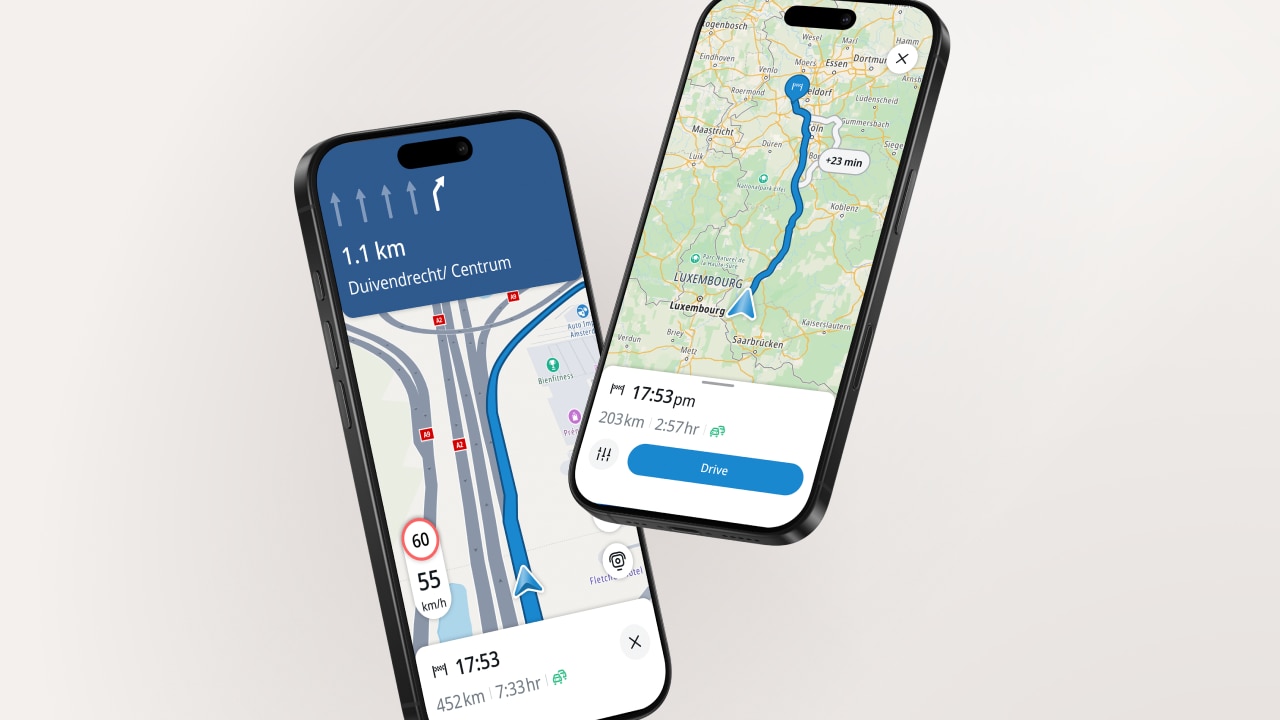 Two smartphones displaying navigation apps; one shows a highway route, the other a map with a marked path and distance details.