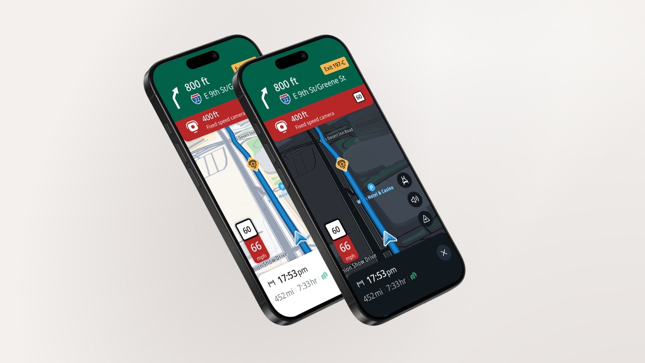 Two smartphones displaying a navigation app with different themes, showing directions and speed limits on a map.
