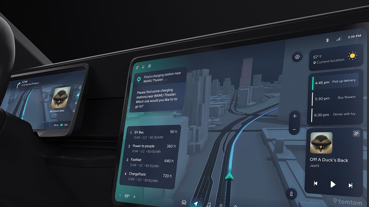 Car dashboard displaying navigation, music playlist, and charging station info on digital screens, with a city map and 3D buildings.