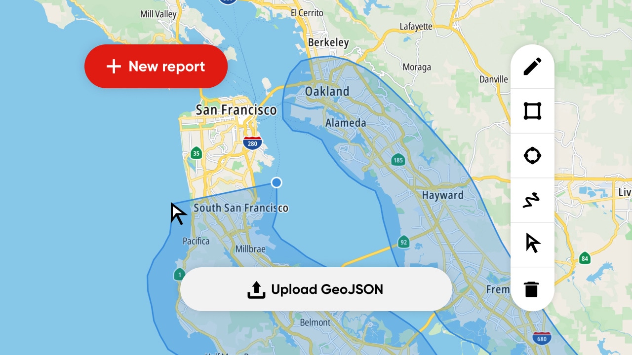 Map showing the San Francisco Bay Area with a highlighted region, featuring options to "Upload GeoJSON" and "New report."