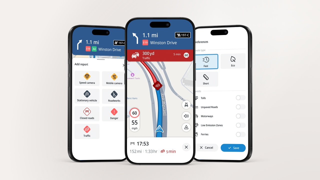 Three smartphone screens displaying a navigation app with maps, traffic alerts, speed limits, and user preferences.