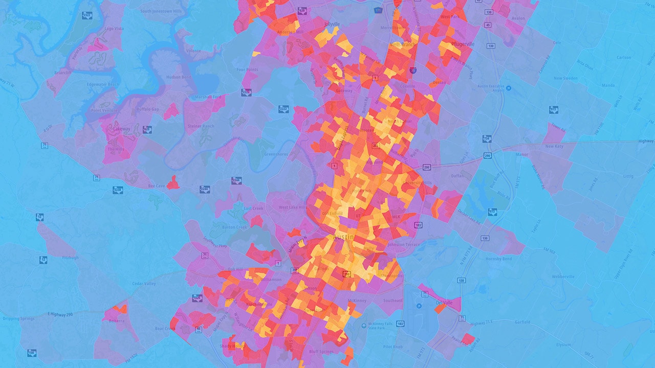 A colorful heat map showing varying data intensity, with red and yellow areas indicating higher concentrations, over a geographic region.