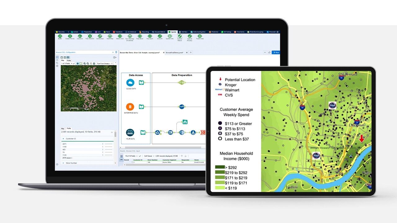 Laptop and tablet displaying geographic data analysis, with a detailed map and data visualization, placed against a white background.