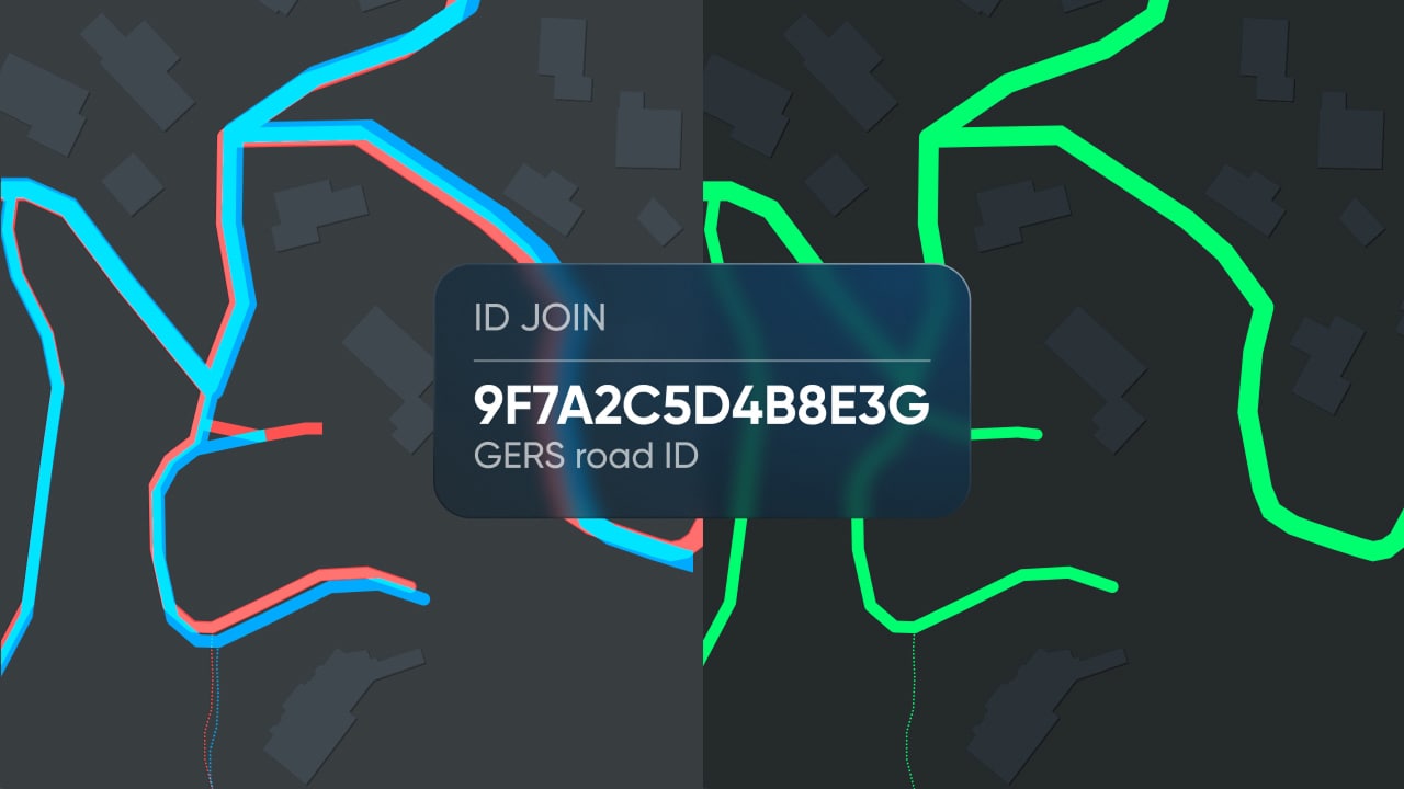 A digital map with blue and green highlighted paths, featuring an ID join code: 9F7A2C5D4B8E3G, labeled "GERS road ID" in the center.