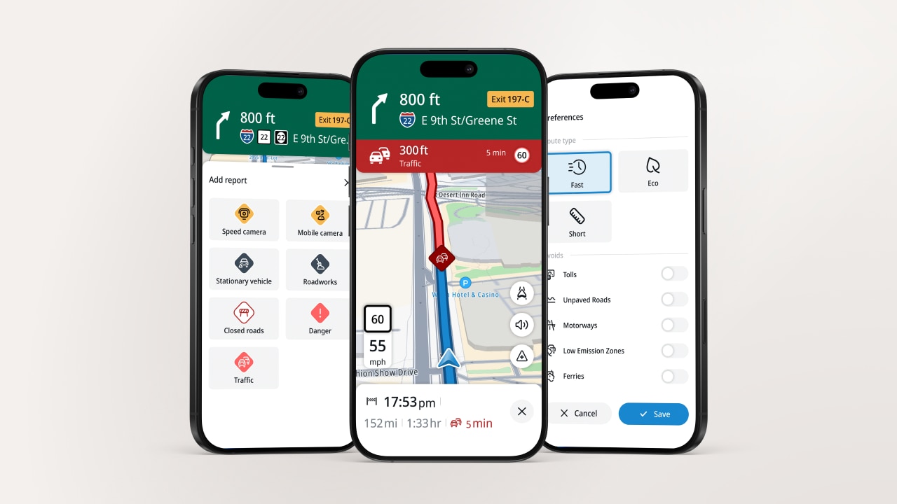Three smartphones displaying a navigation app with traffic alerts, route details, and settings options on their screens.