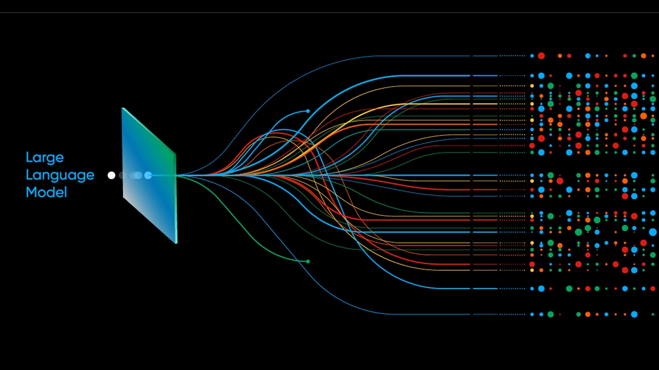 Diagram of a large language model with colorful lines branching into dots, representing data processing and output.