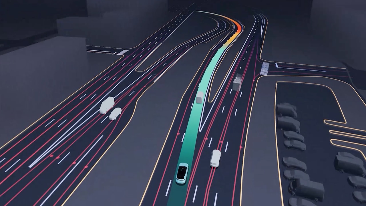 Illustration of a self-driving car navigating a highway at night, with highlighted lanes and surrounding vehicles.