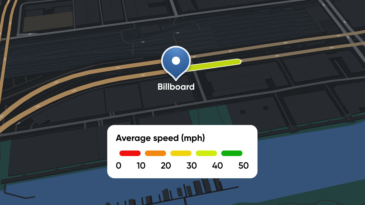 A digital map showing a billboard location with a speed chart, near a river and highways.