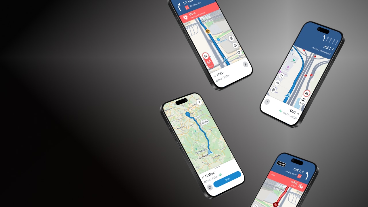 Four smartphones display different navigation app screens with maps and directions, set against a dark gradient background.