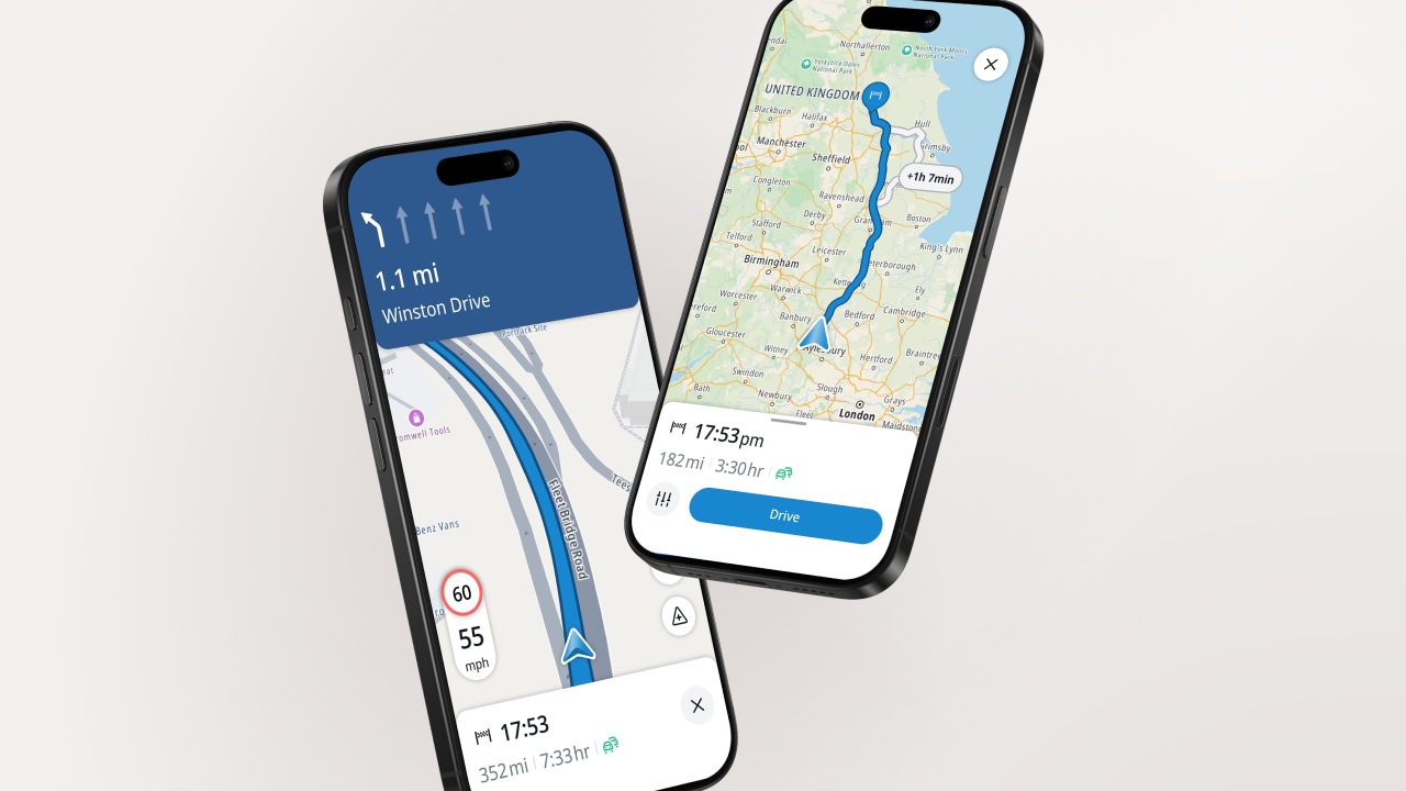Two smartphones display a navigation app with maps and routes. One shows a close-up of directions, the other a full route from London to Manchester.