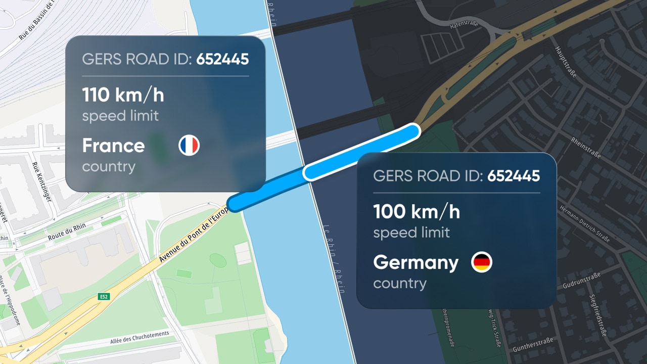 Map showing a road with speed limits: 110 km/h in France and 100 km/h in Germany, with their respective flags.