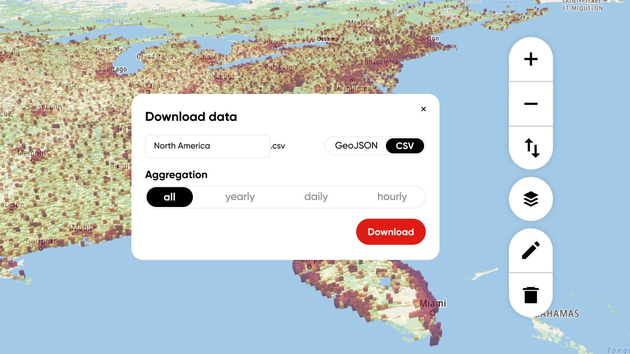 Map interface showing data download options for North America, with CSV and GeoJSON formats. Includes zoom and layer tools on the right.