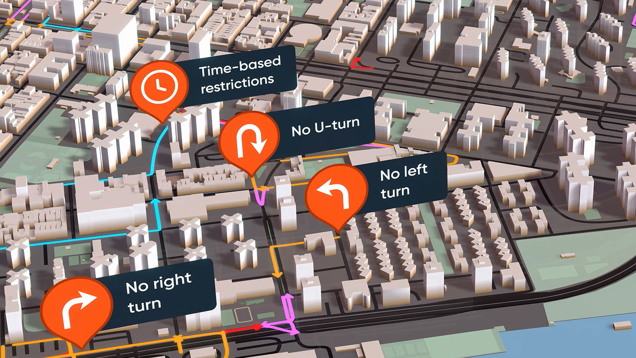 3D city map showing traffic restrictions: no right turn, no left turn, no U-turn, and time-based restrictions marked with icons.
