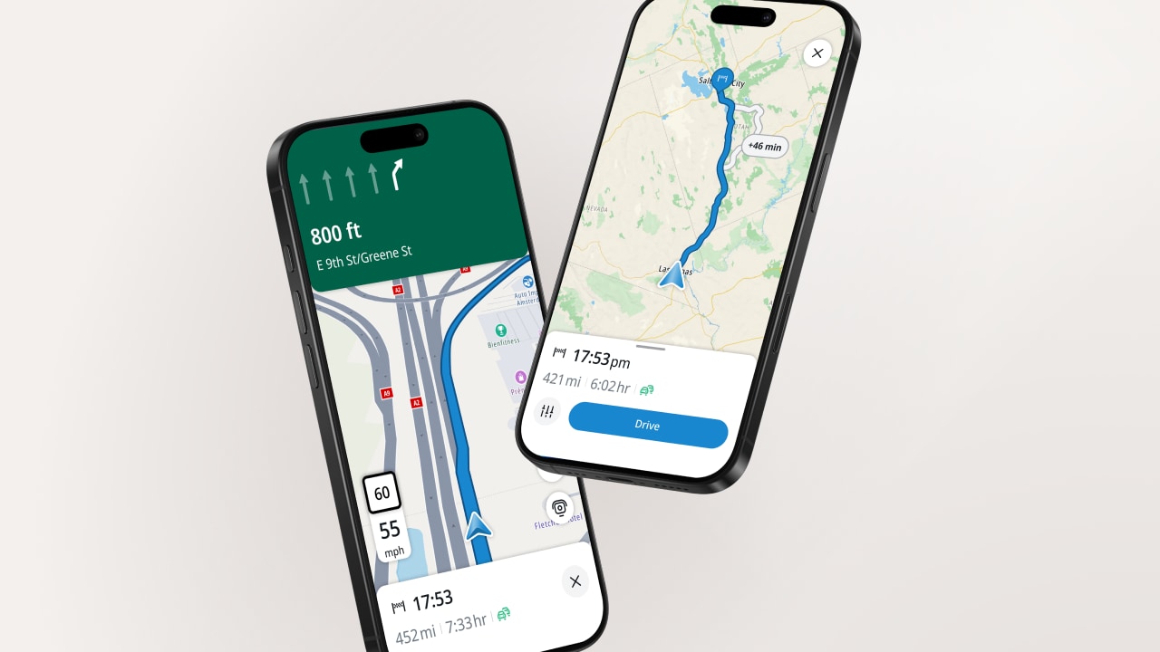 Two smartphones display navigation apps: one shows a highway exit, the other a map route with distance and estimated arrival time.