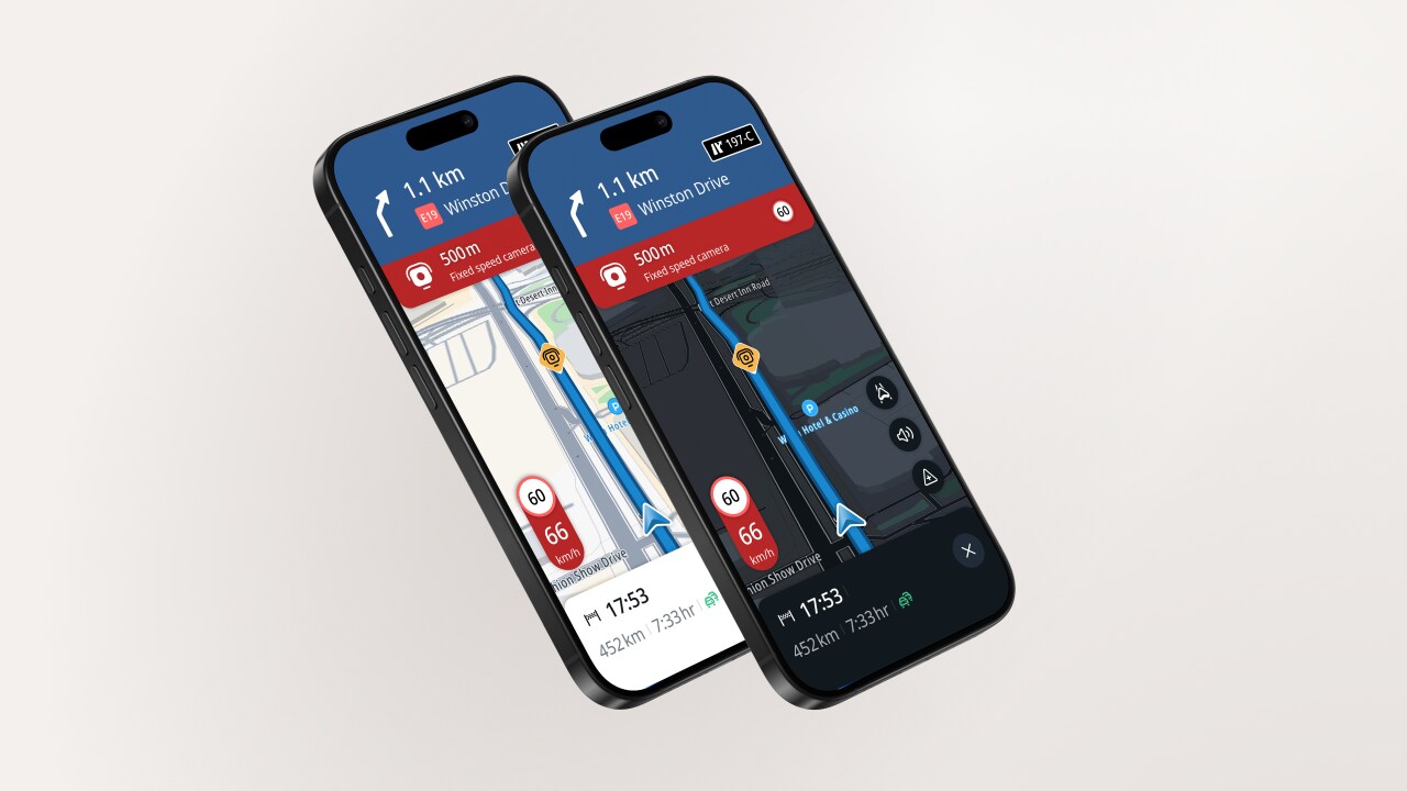 Two smartphones display navigation apps with maps, routes, and traffic alerts. One screen shows a light theme, the other a dark theme.