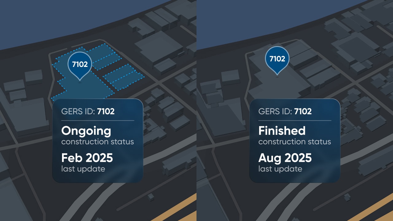 Side-by-side maps showing construction status: Left is ongoing with Feb 2025 update, right is finished with Aug 2025 update.