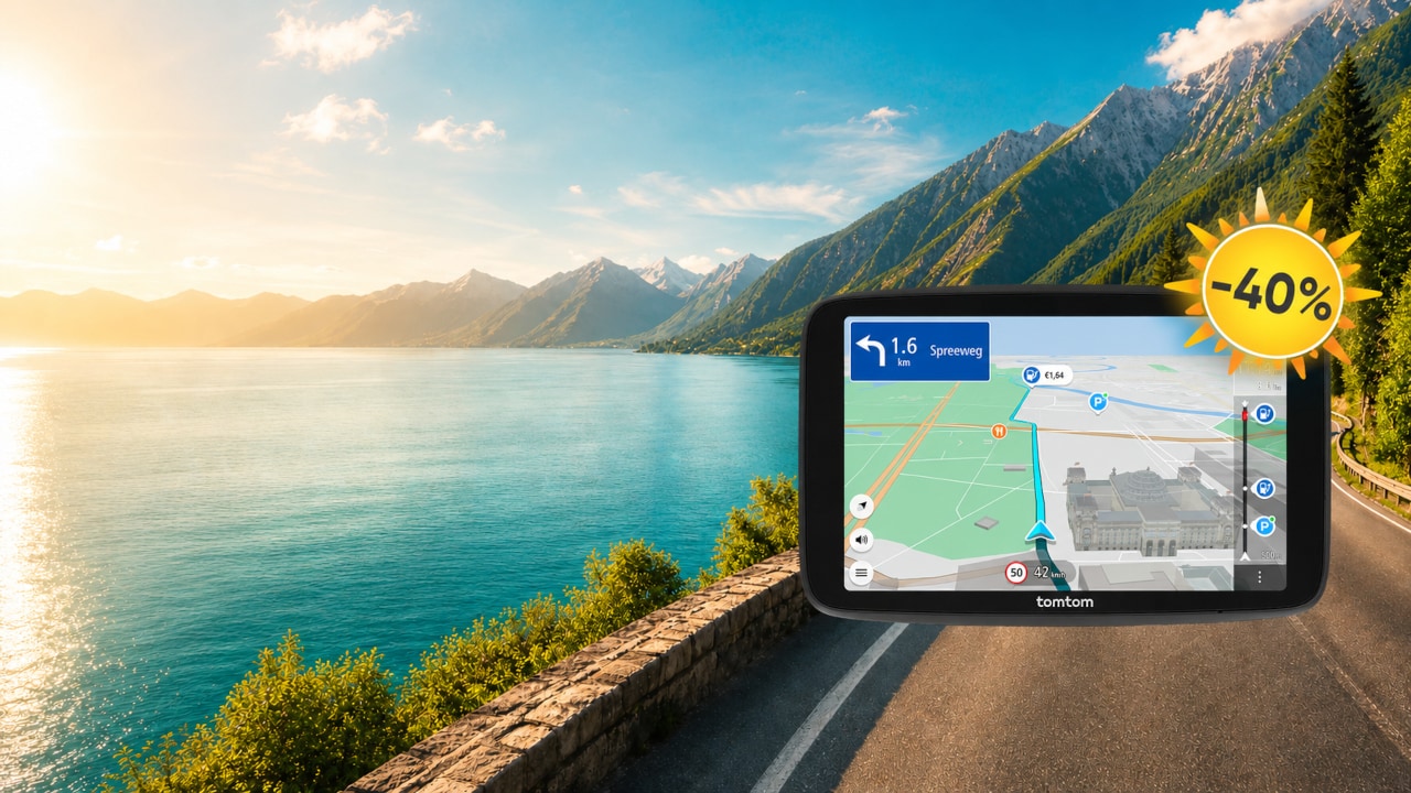 GPS device displaying a map on a scenic coastal road with mountains, lake, and a 40% discount badge in the corner.