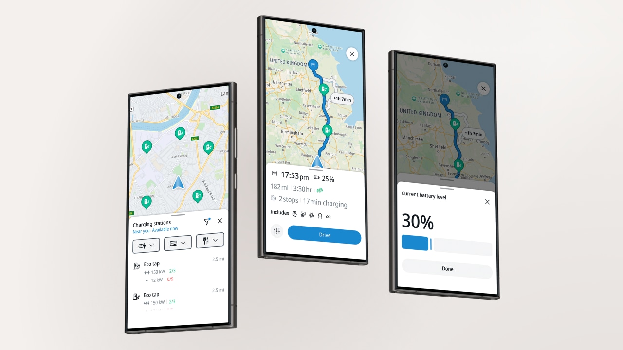 Three smartphone screens displaying a map, a route with stops, and battery level information for an electric vehicle journey.