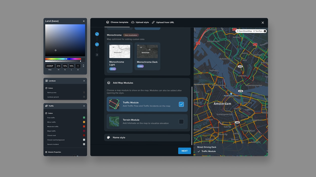 User interface displaying a map of Amsterdam with traffic data, customization options, and a color palette on a dark-themed design tool.