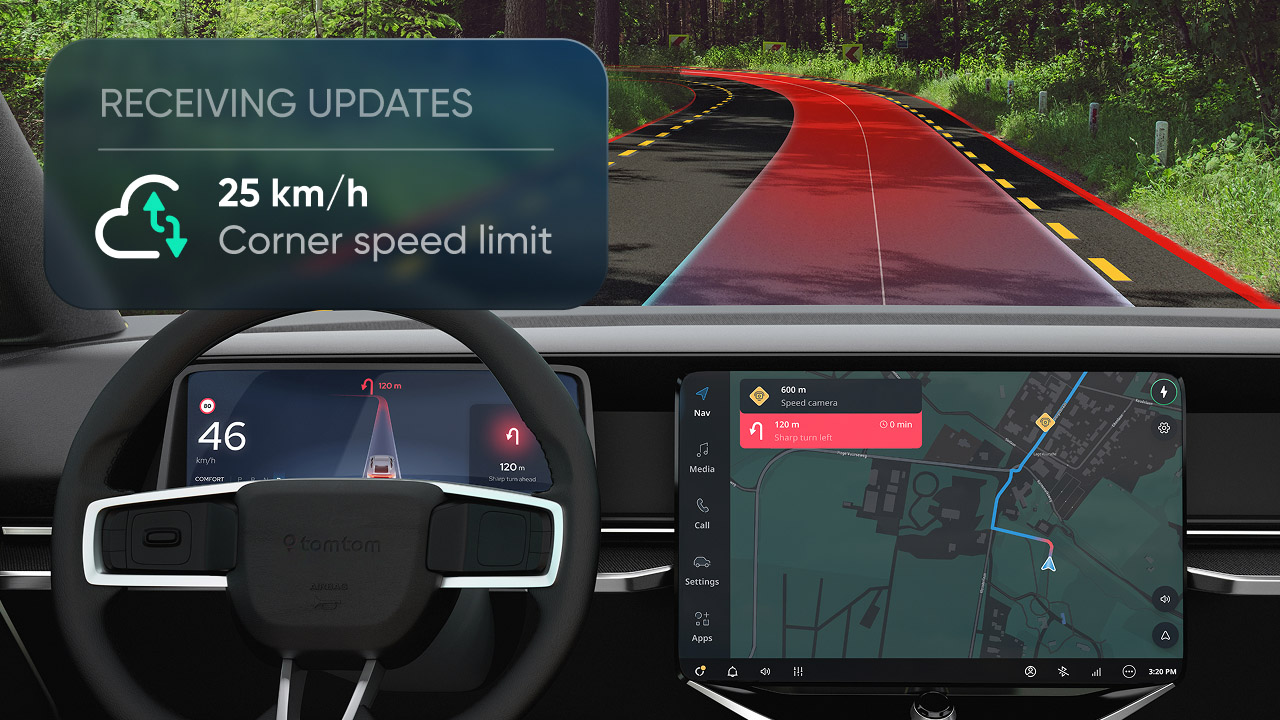 Car dashboard with digital displays showing navigation, speed, and updates. Outside, a road with highlighted path and speed limit warning.