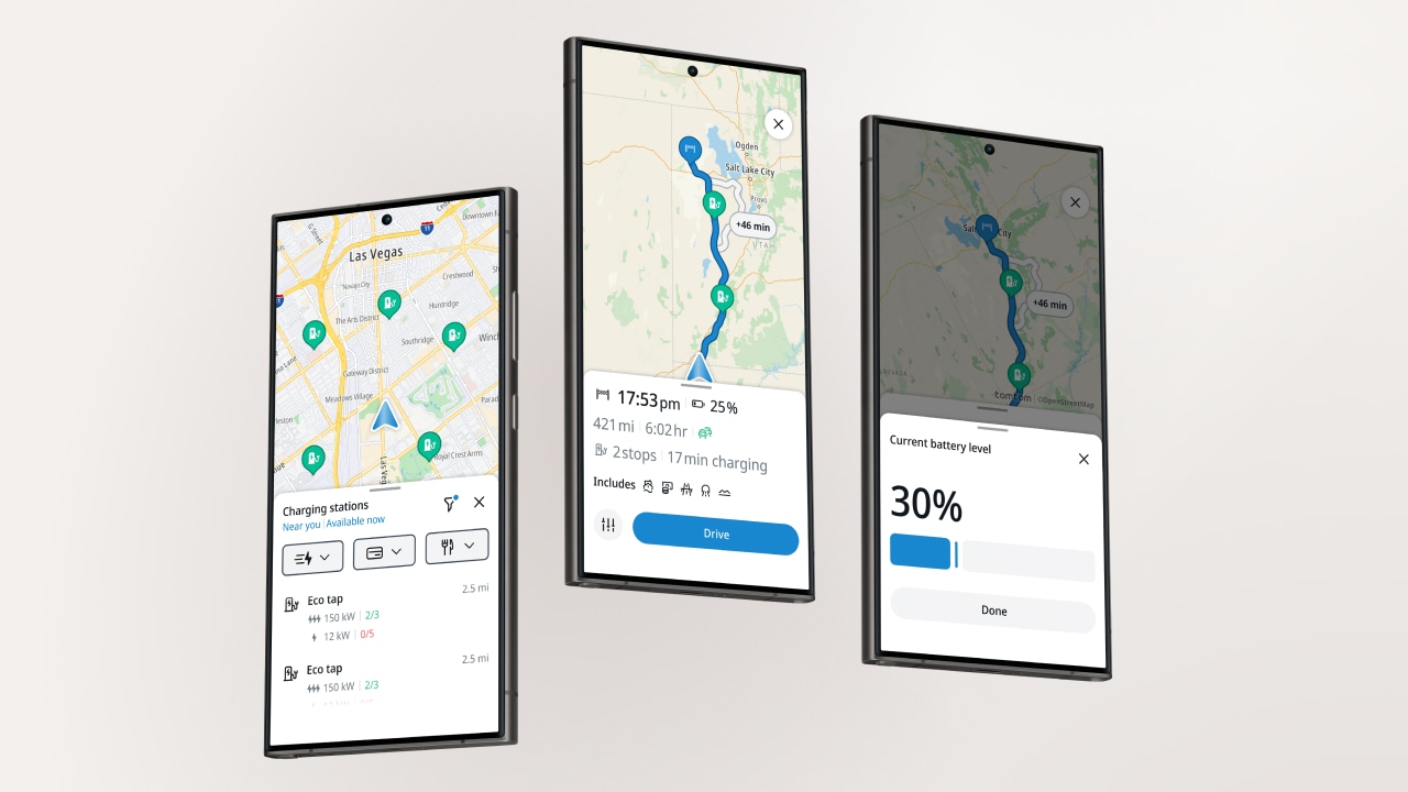 Three smartphones display a navigation app showing a route, charging stations, and battery level at 30%.