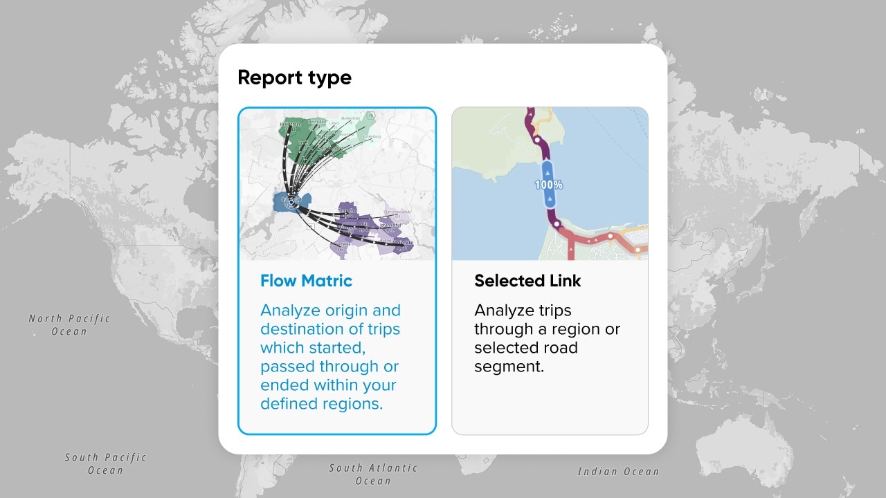 Report type options: "Flow Matric" for analyzing trip origins and destinations, and "Selected Link" for trip analysis through regions or road segments.