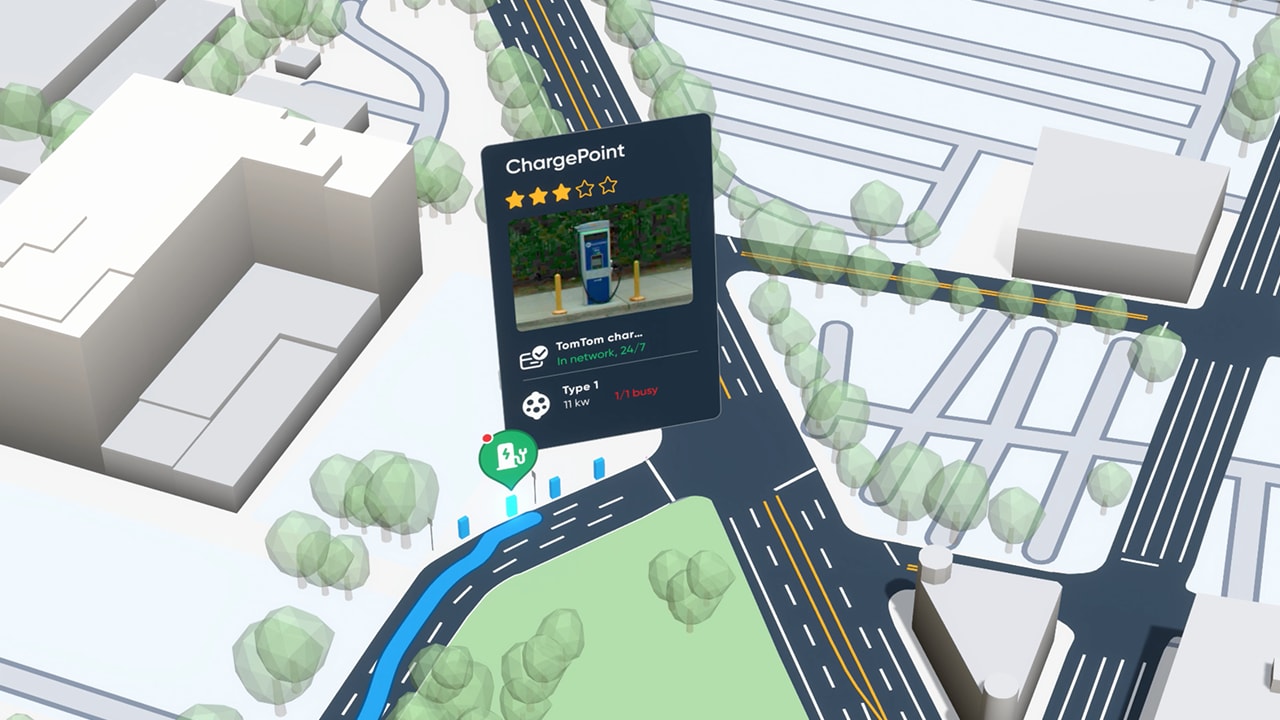 Map illustration showing a ChargePoint electric vehicle charging station location with details and nearby roads and buildings.