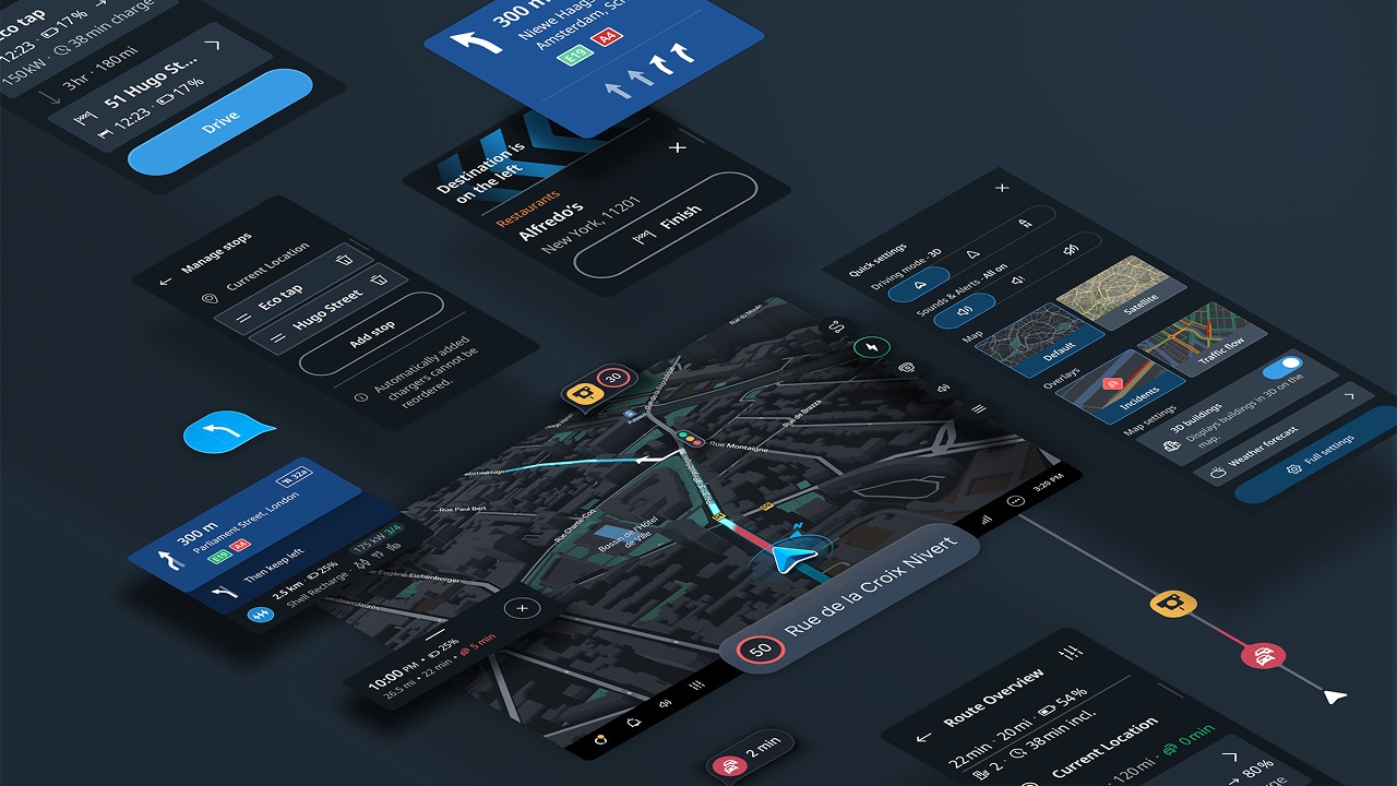 User interface displaying a map of Amsterdam with traffic data, customization options, and a color palette on a dark-themed design tool.