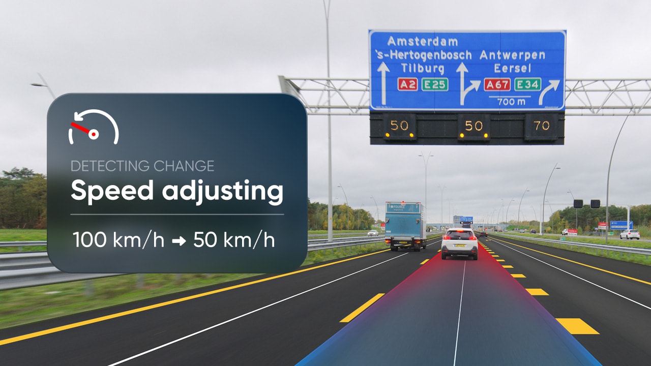 Car on highway with digital overlay showing speed adjustment from 100 km/h to 50 km/h. Road signs above point to Amsterdam and other cities.